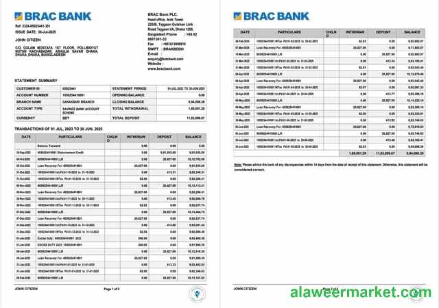 Bangladesh BRAC Bank account statement Word and PDF, 2 pages